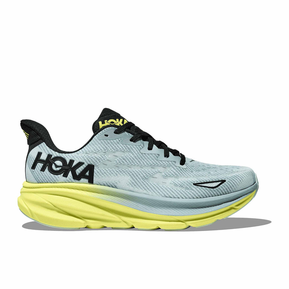 Lateral side of the right shoe from a pair of HOKA Men's Clifton 9 Running Shoes in the Druzy/Droplet colourway. (8561658429602)