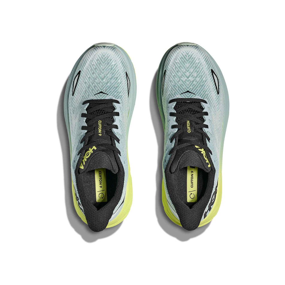 The uppers on a pair of HOKA Men's Clifton 9 Running Shoes in the Druzy/Droplet colourway. (8561658429602)