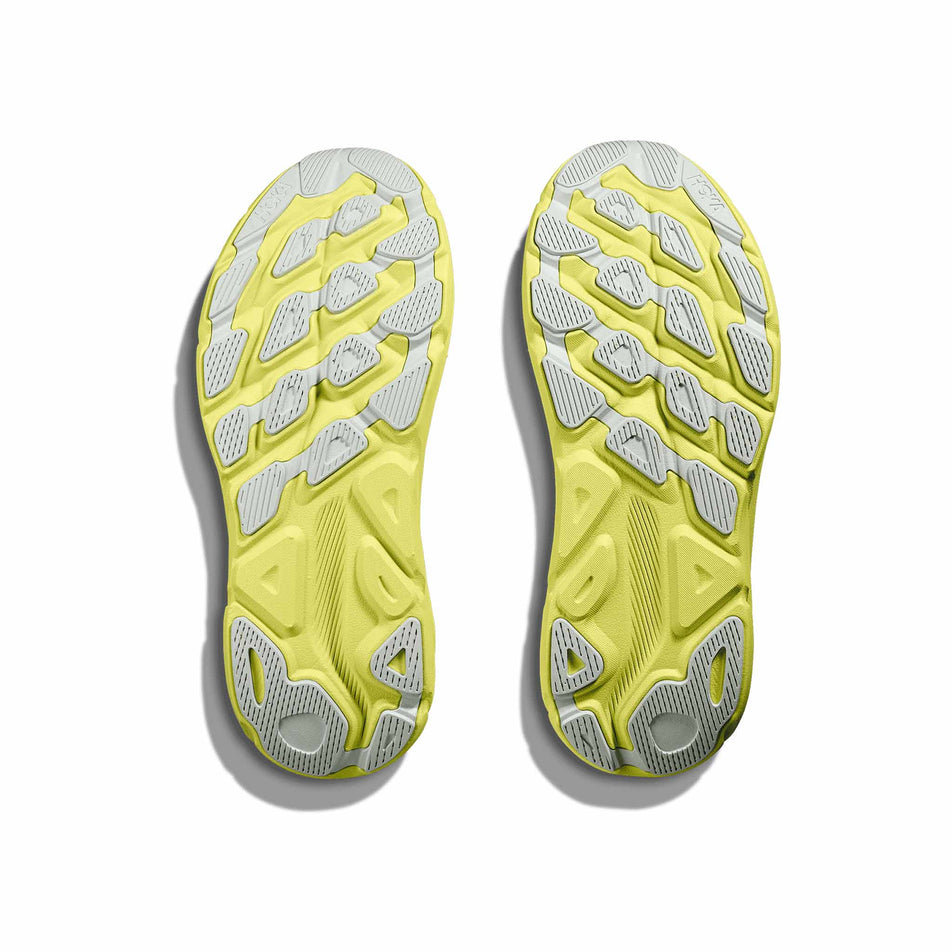 The outsoles on a pair of HOKA Men's Clifton 9 Running Shoes in the Druzy/Droplet colourway. (8561658429602)