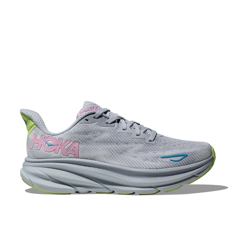 Lateral side of the right shoe from a pair of HOKA Women's Clifton 9 Running Shoes in the Gull/Sea Ice colourway (8400130932898)