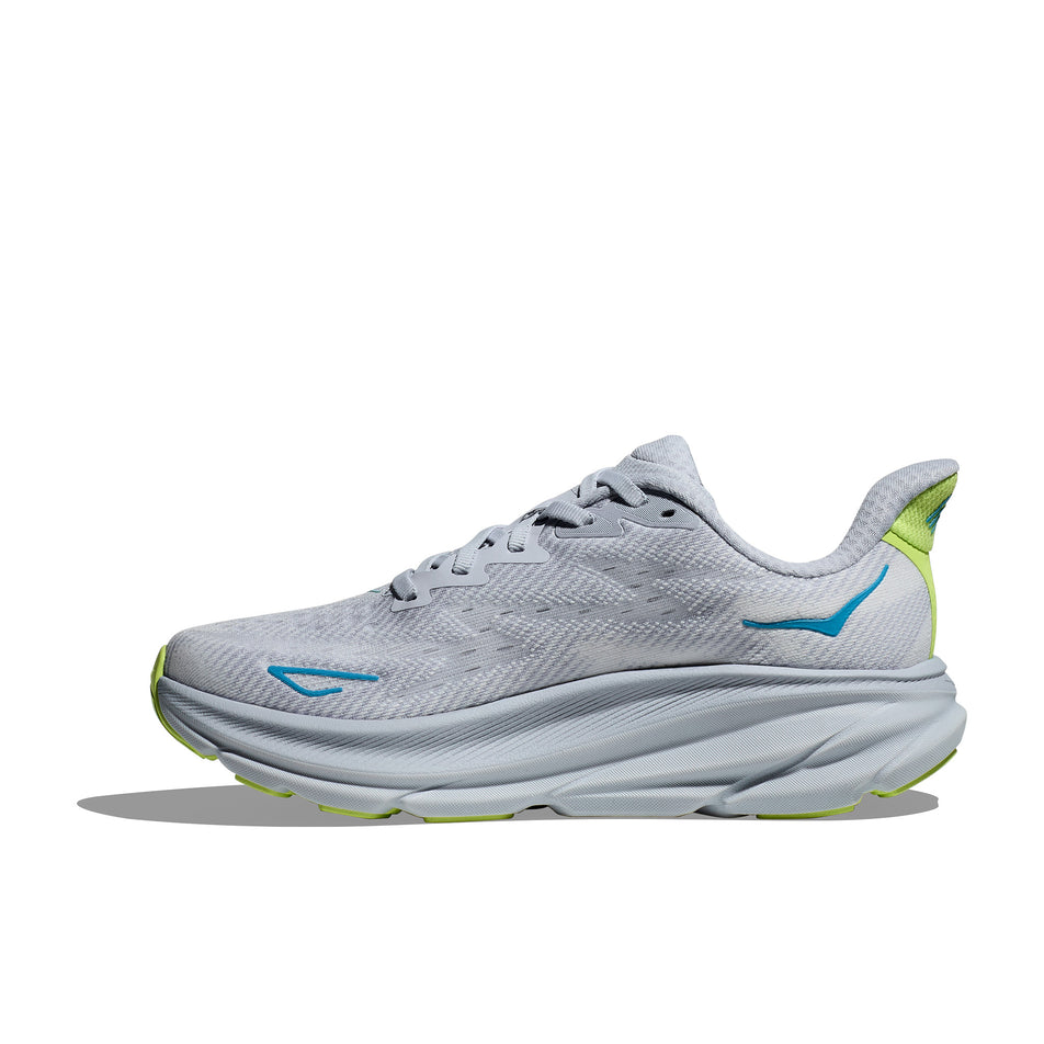 Medial side of the right shoe from a pair of HOKA Women's Clifton 9 Running Shoes in the Gull/Sea Ice colourway (8400130932898)