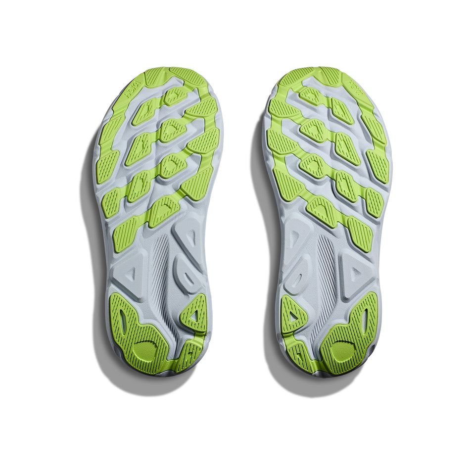 The outsoles on a pair of HOKA Women's Clifton 9 Running Shoes in the Gull/Sea Ice colourway (8400130932898)