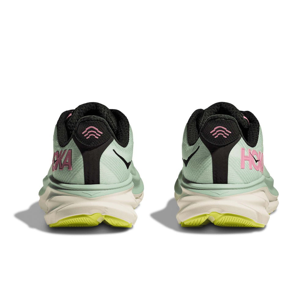 The back of a pair of HOKA Women's Clifton 9 Running Shoes in the Mint Fluorite/Snow Melt colourway. (8561679171746)