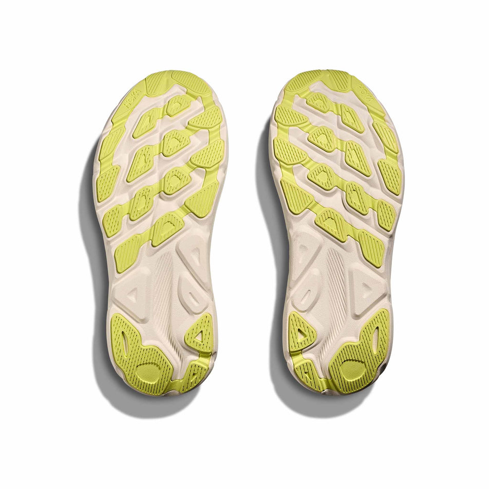 The outsoles on a pair of HOKA Women's Clifton 9 Running Shoes in the Mint Fluorite/Snow Melt colourway. (8561679171746)