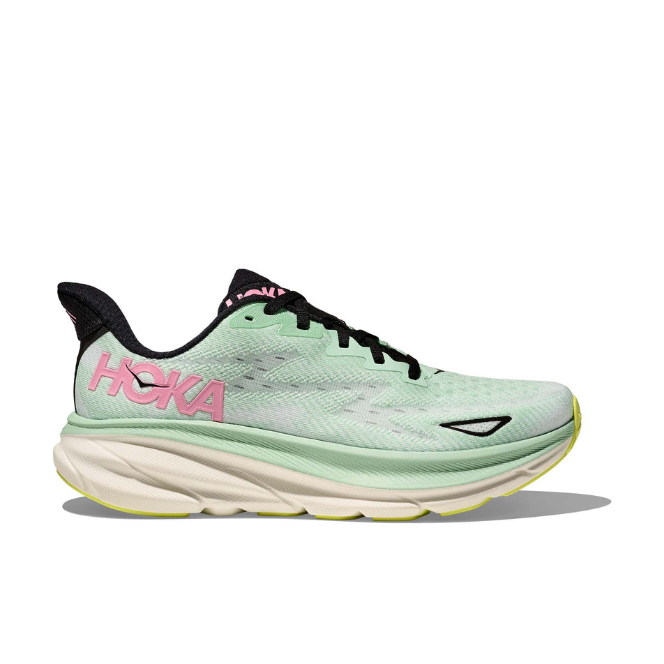 Lateral side of the right shoe from a pair of HOKA Women's Clifton 9 Running Shoes in the Mint Fluorite/Snow Melt colourway. (8561679171746)