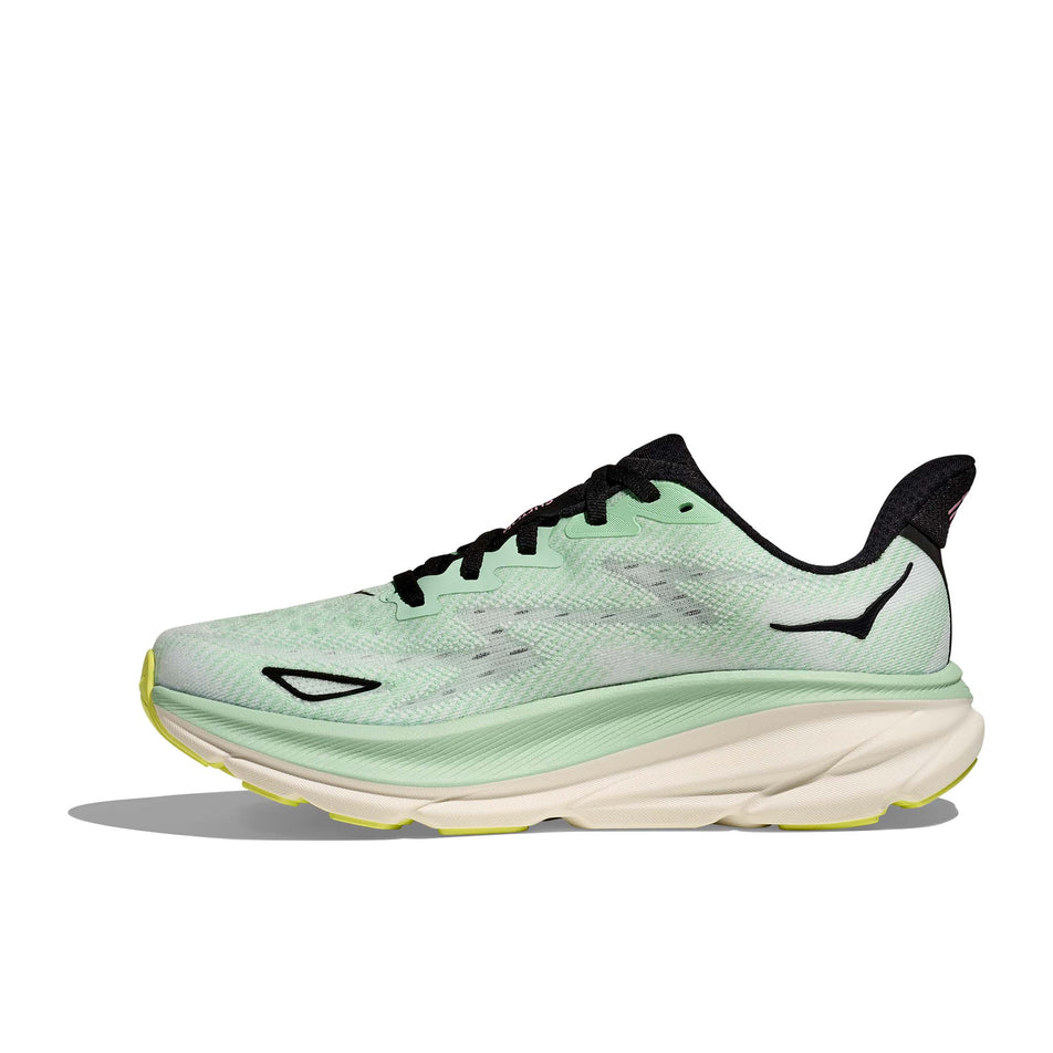 Medial side of the right shoe from a pair of HOKA Women's Clifton 9 Running Shoes in the Mint Fluorite/Snow Melt colourway. (8561679171746)