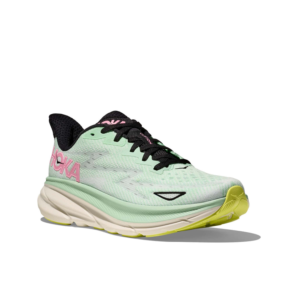 Later side of the right shoe from a pair of HOKA Women's Clifton 9 Running Shoes in the Mint Fluorite/Snow Melt colourway. (8561679171746)