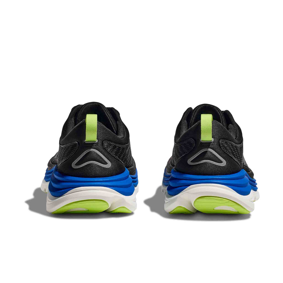 The back of a pair of HOKA Men's Gaviota 5 Running Shoes in the Black/Electric Cobalt colourway (8399931605154)