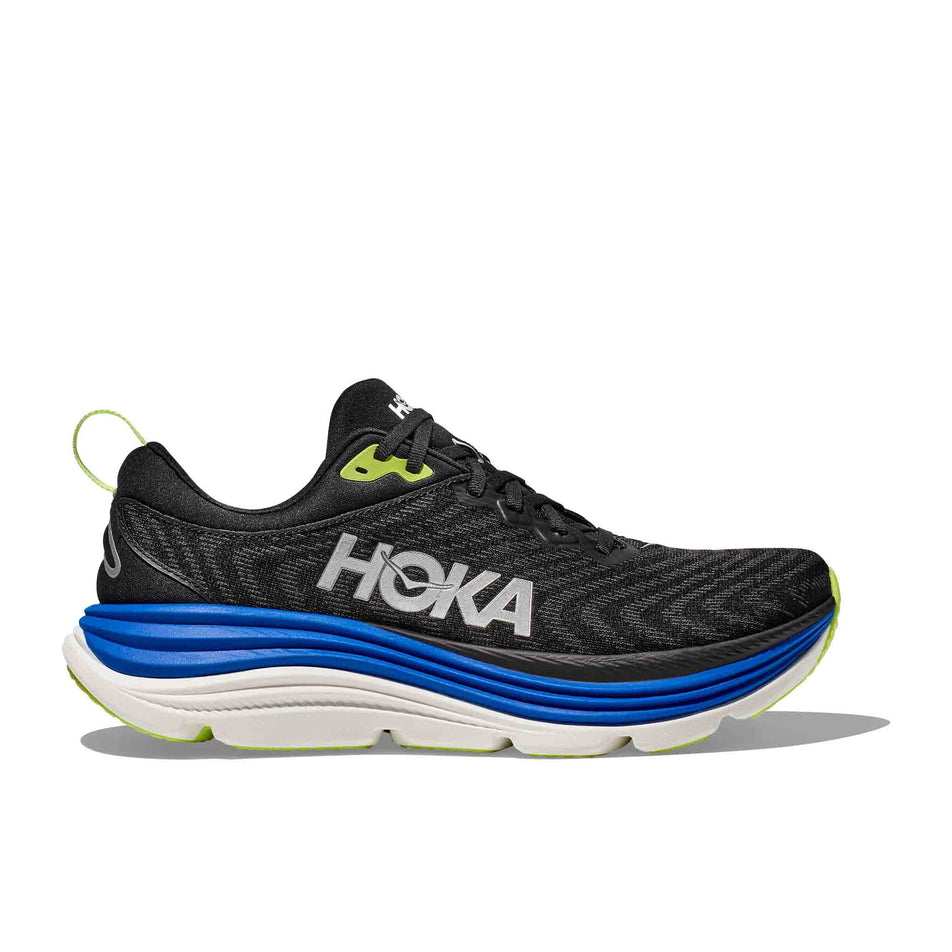 Lateral side of the right shoe from a pair of HOKA Men's Gaviota 5 Running Shoes in the Black/Electric Cobalt colourway (8399931605154)