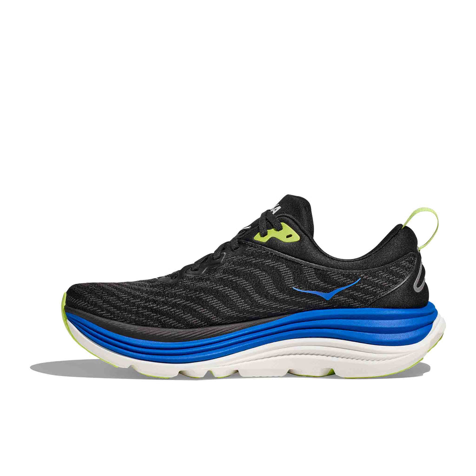 Medial side of the right shoe from a pair of HOKA Men's Gaviota 5 Running Shoes in the Black/Electric Cobalt colourway (8399931605154)