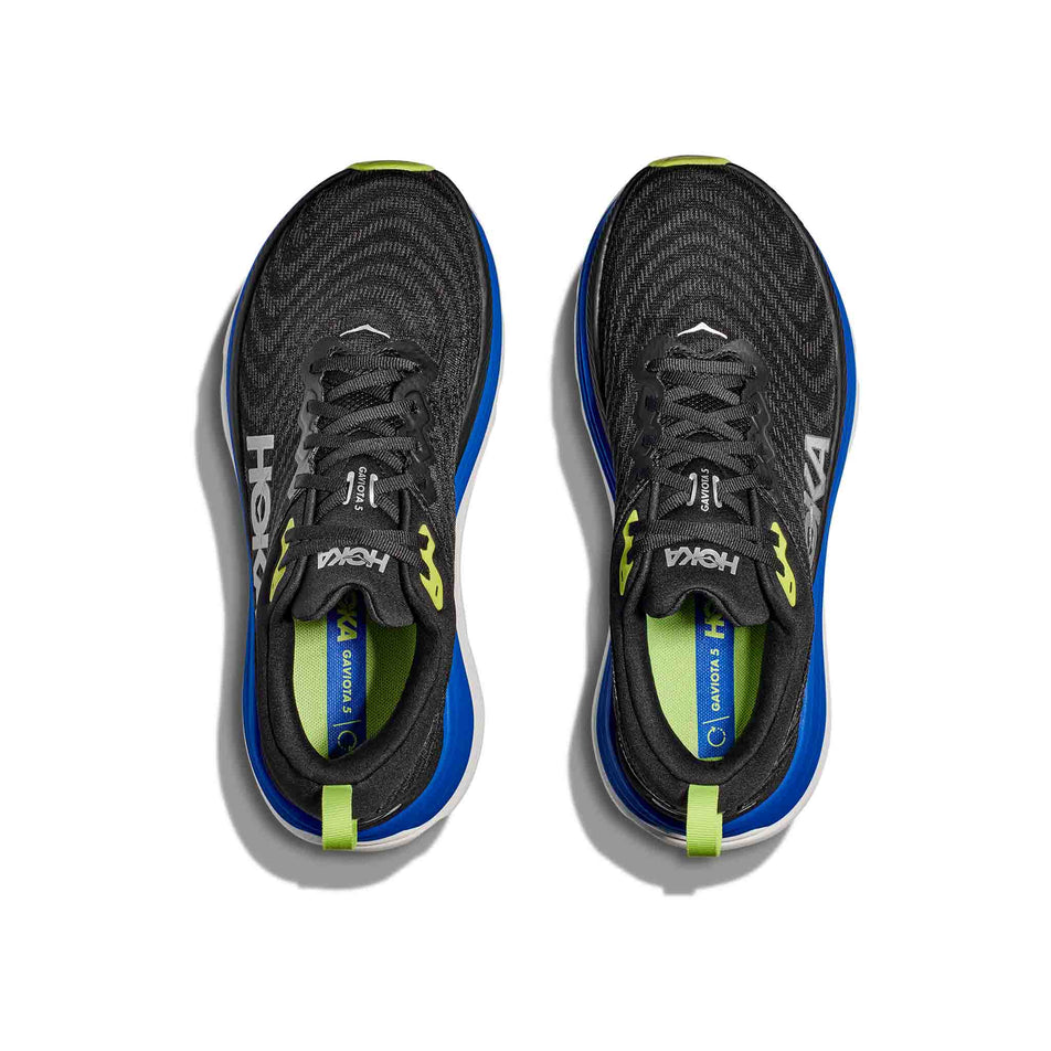 The uppers on a pair of HOKA Men's Gaviota 5 Running Shoes in the Black/Electric Cobalt colourway (8399931605154)