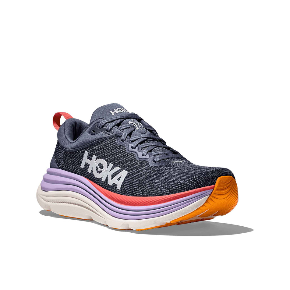 Lateral side of the right shoe from a pair of HOKA Women's Gaviota 5 Running Shoes in the Anchor/Grapefruit colourway. (8561693589666)