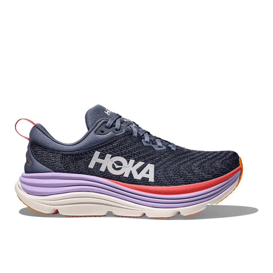 Lateral side of the right shoe from a pair of HOKA Women's Gaviota 5 Running Shoes in the Anchor/Grapefruit colourway. (8561693589666)