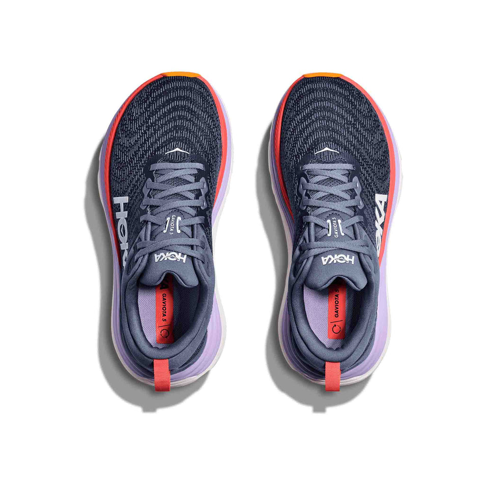 The uppers on a pair of HOKA Women's Gaviota 5 Running Shoes in the Anchor/Grapefruit colourway. (8561693589666)