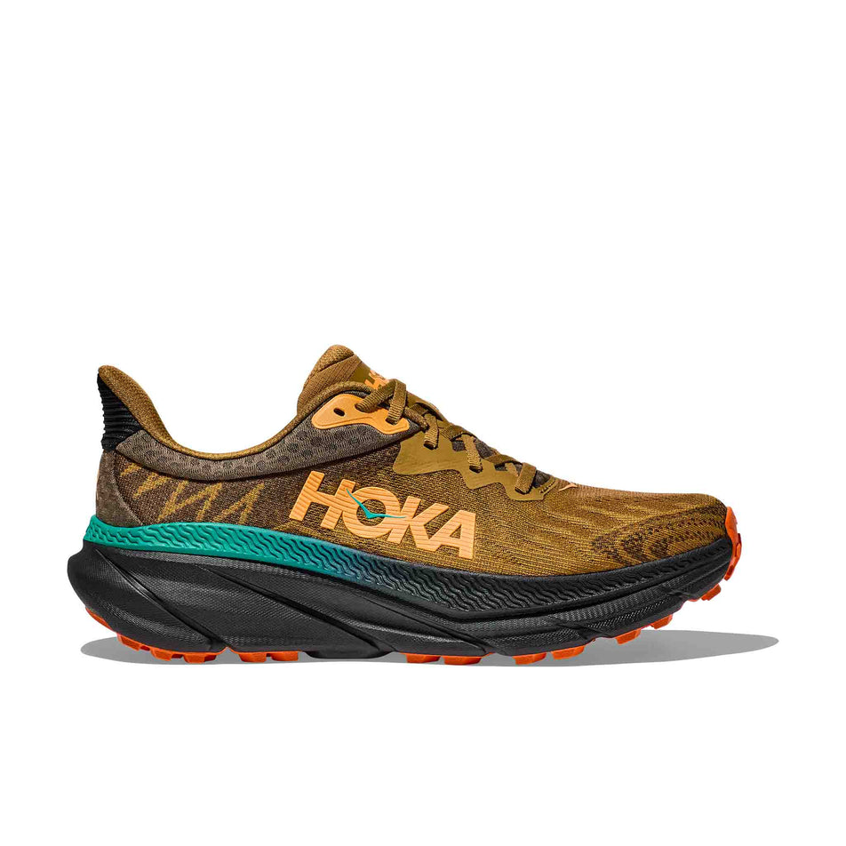 Lateral side of the right shoe from a pair of HOKA Men's Challenger 7 Running Shoes in the Honey/Black colourway (8400124772514)