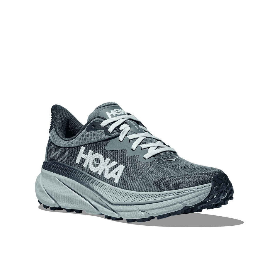 Lateral side of the right shoe from a pair of HOKA Men's Challenger 7 Running Shoes in the Mountain Fog/Druzy colourway. (8561671602338)