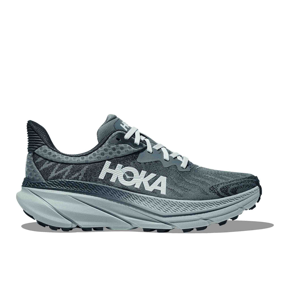 Lateral side of the right shoe from a pair of HOKA Men's Challenger 7 Running Shoes in the Mountain Fog/Druzy colourway. (8561671602338)