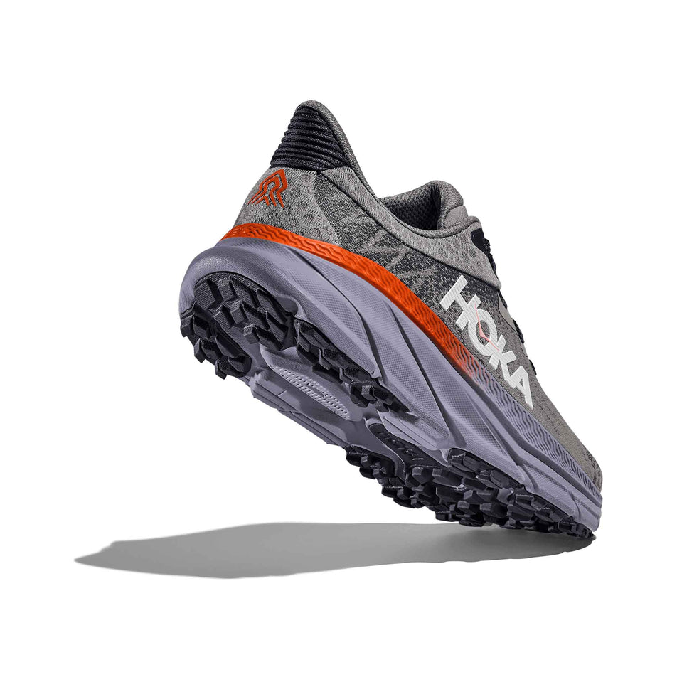 The lateral side - and outsole of - the right shoe from a pair of HOKA Women's Challenger 7 Running Shoes in the Galactic Grey/Wild Indigo colourway. (8561701388450)