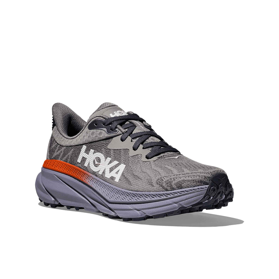 The lateral side of the right show from a pair of HOKA Women's Challenger 7 Running Shoes in the Galactic Grey/Wild Indigo colourway. (8561701388450)