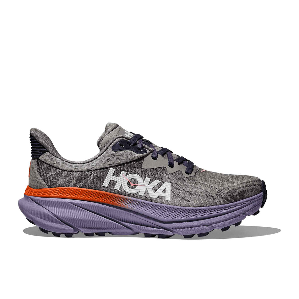 Lateral side of the right shoe from a pair of HOKA Women's Challenger 7 Running Shoes in the Galactic Grey/Wild Indigo colourway. (8561701388450)