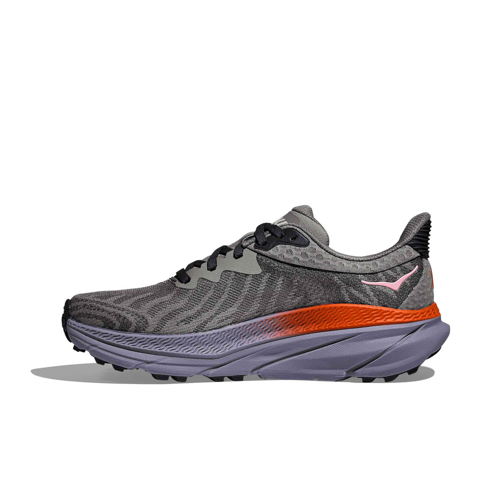 The medial side of the right shoe from a pair of HOKA Women's Challenger 7 Running Shoes in the Galactic Grey/Wild Indigo colourway. (8561701388450)