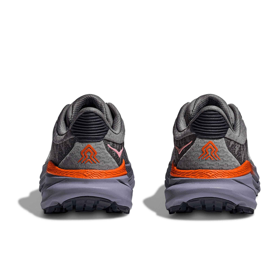 The back of a pair HOKA Women's Challenger 7 Running Shoes in the Galactic Grey/Wild Indigo colourway. (8561701388450)