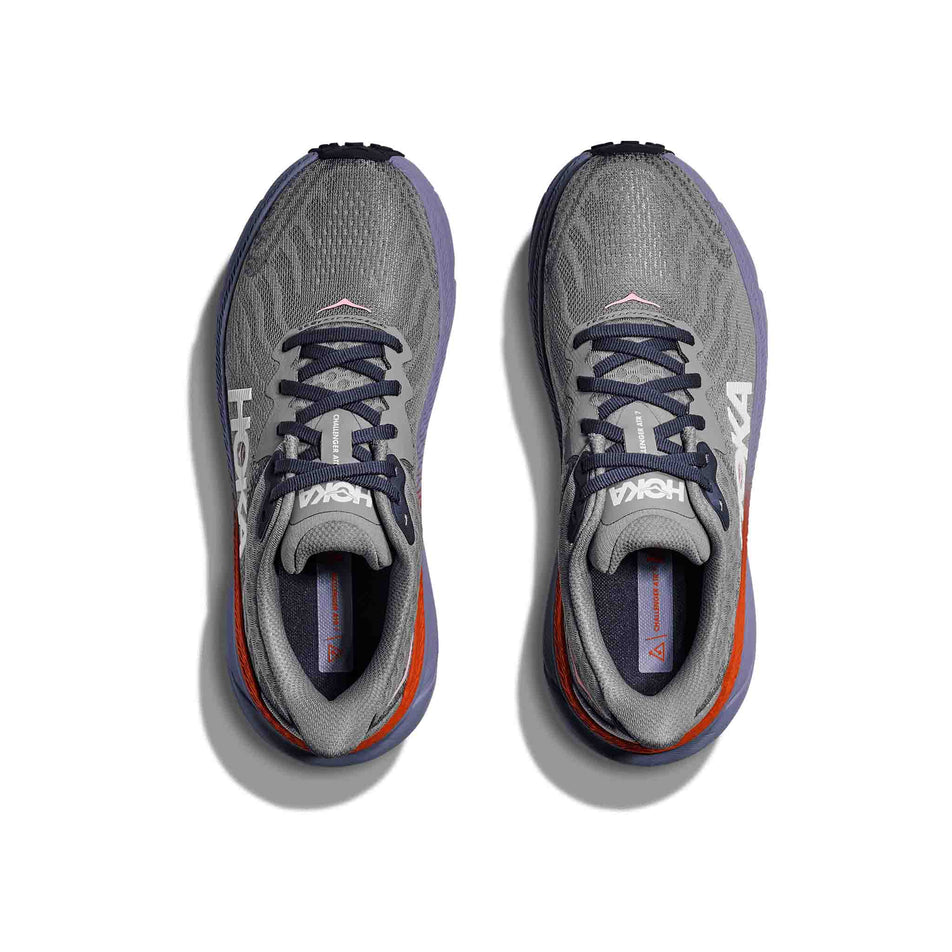 The uppers on a pair of HOKA Women's Challenger 7 Running Shoes in the Galactic Grey/Wild Indigo colourway. (8561701388450)