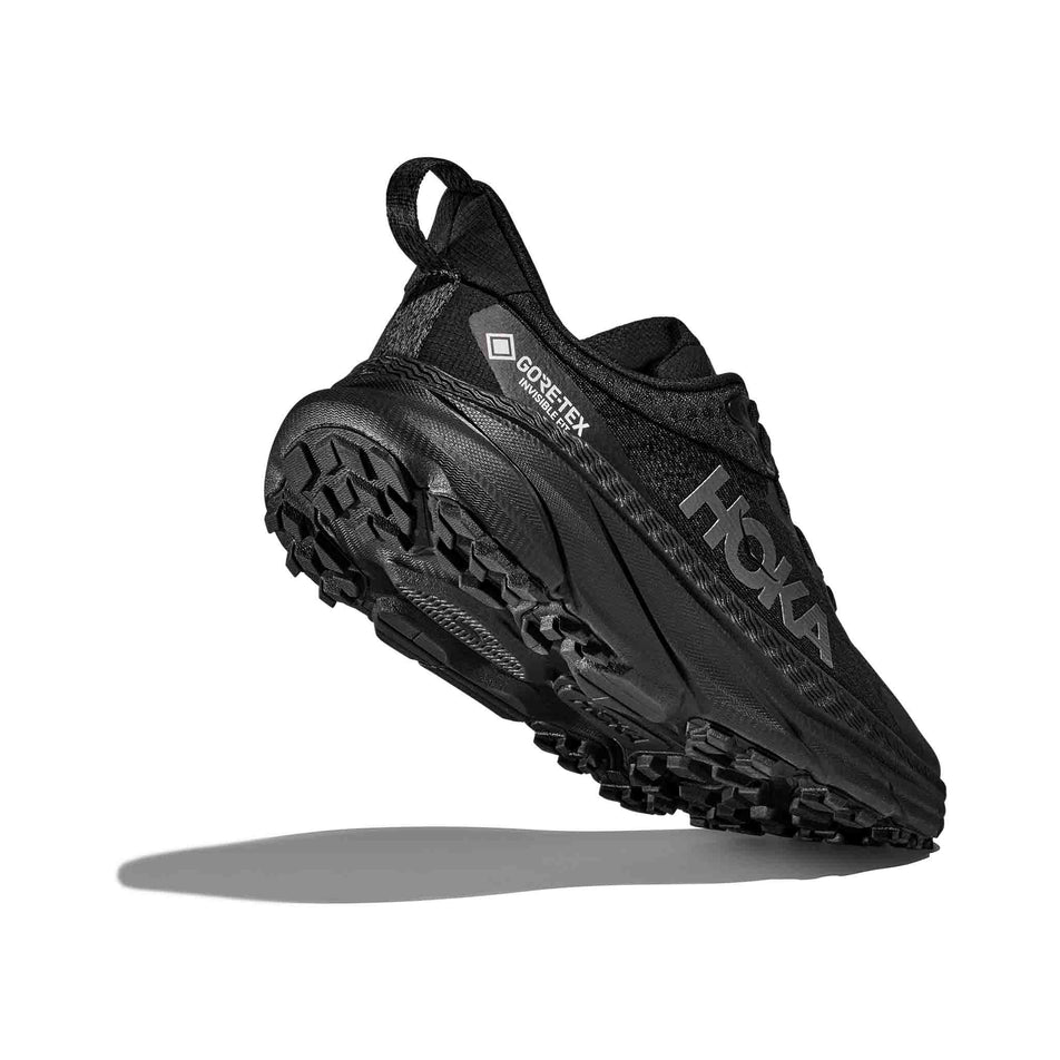 Lateral side of the right shoe from a pair of HOKA Women's Challenger 7 GORE-TEX Running Shoes in the Black/Black colourway (8473850937506)