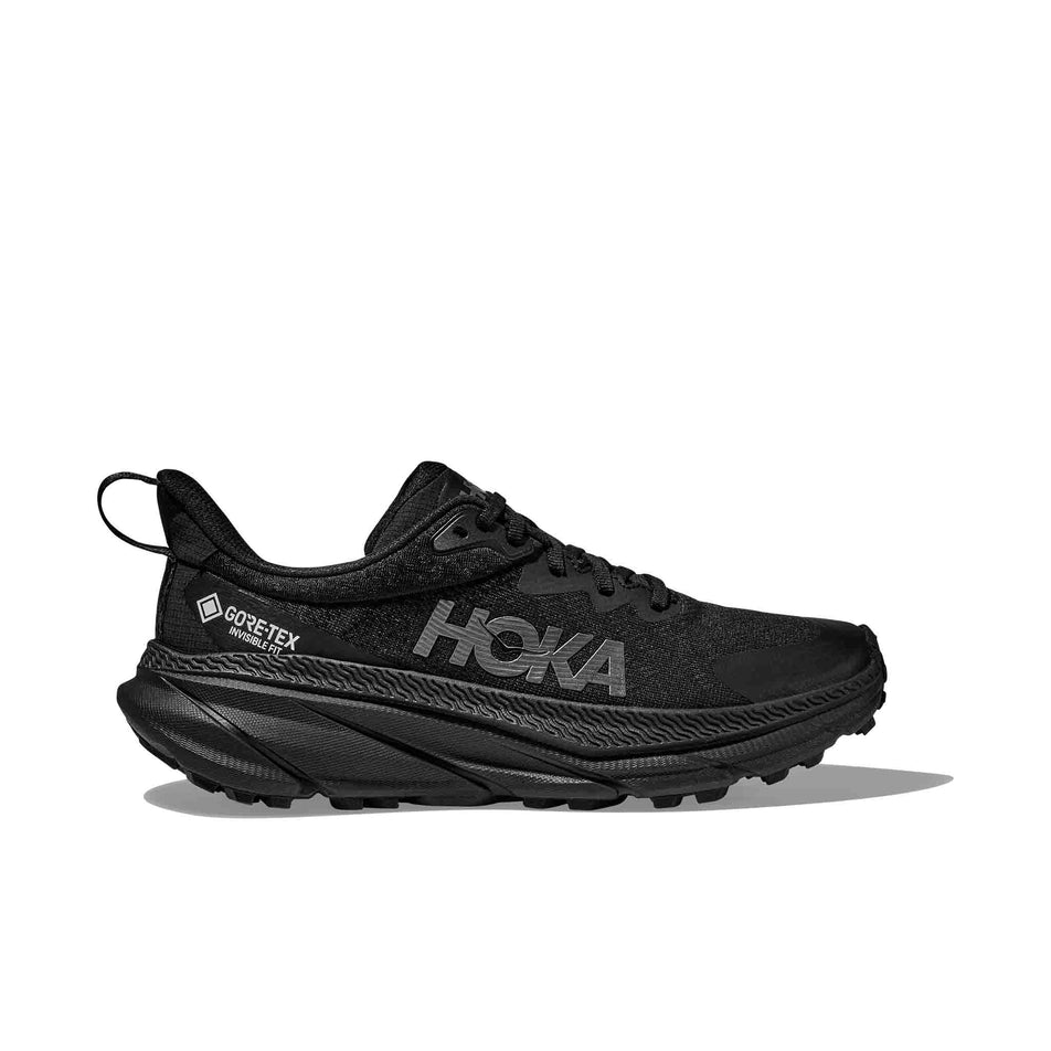 Lateral side of the right shoe from a pair of HOKA Women's Challenger 7 GORE-TEX Running Shoes in the Black/Black colourway (8473850937506)