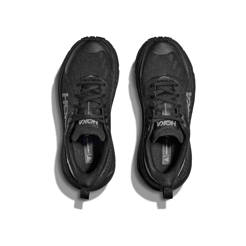 The uppers on a pair of HOKA Women's Challenger 7 GORE-TEX Running Shoes in the Black/Black colourway (8473850937506)