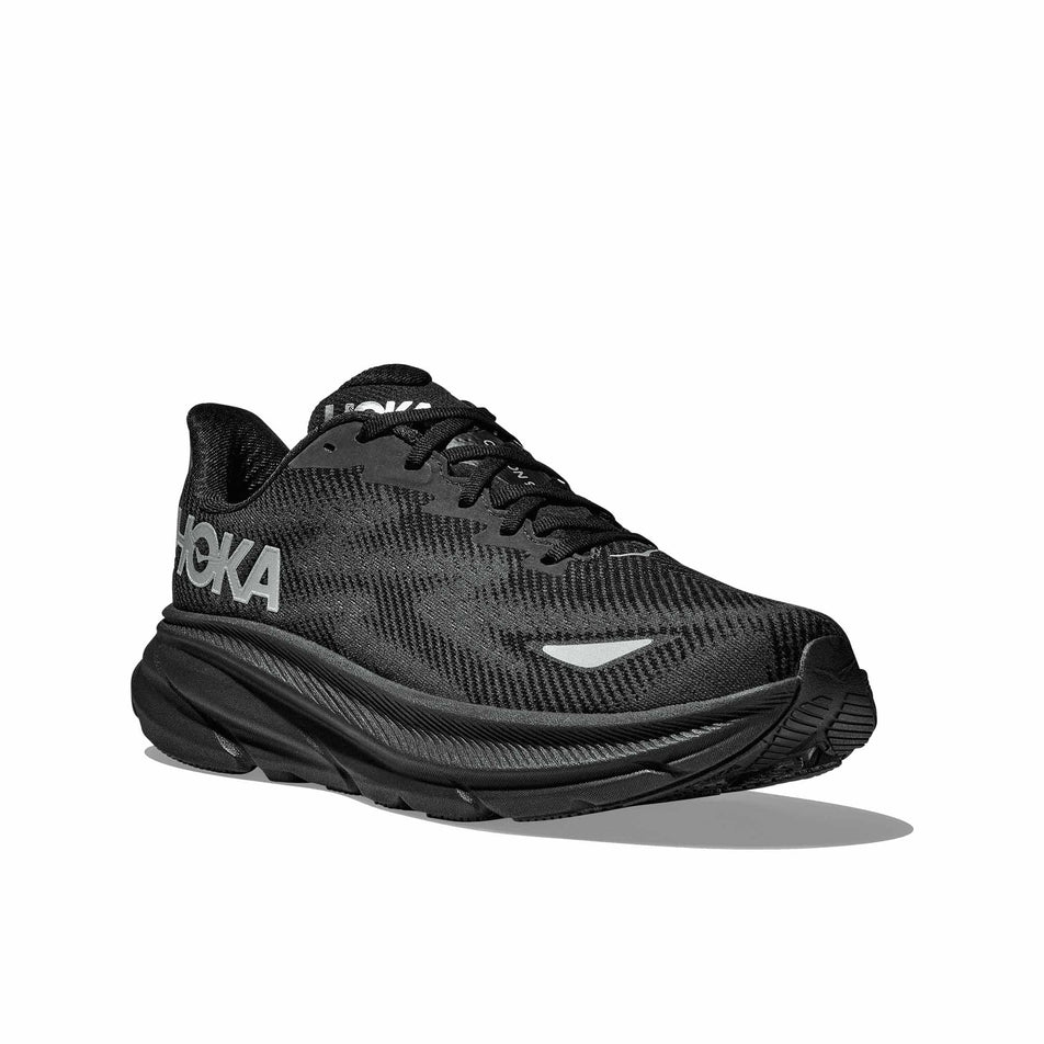 Lateral side of the right shoe from a pair of HOKA Women's Clifton 9 GTX Running Shoes in the Black / Black colourway. (8566991192226)