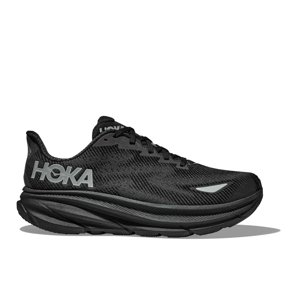 Lateral side of the right shoe from a pair of HOKA Women's Clifton 9 GTX Running Shoes in the Black / Black colourway. (8566991192226)