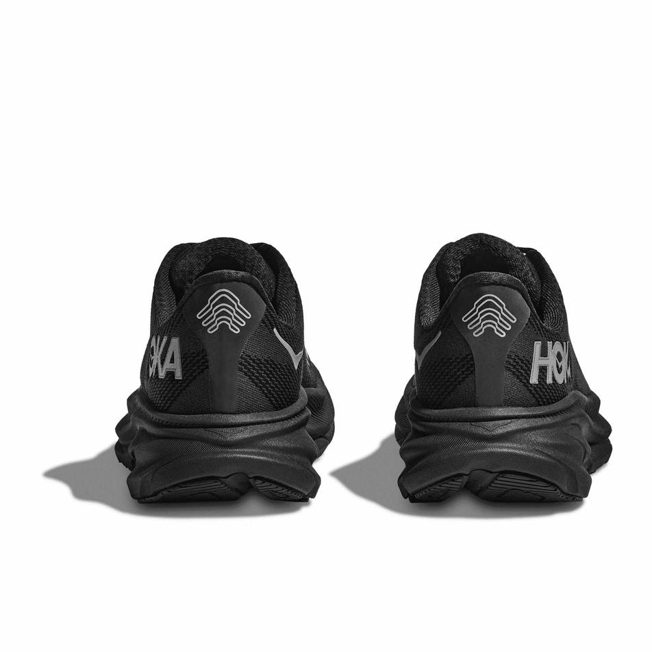 The back of a pair of HOKA Women's Clifton 9 GTX Running Shoes in the Black / Black colourway. (8566991192226)