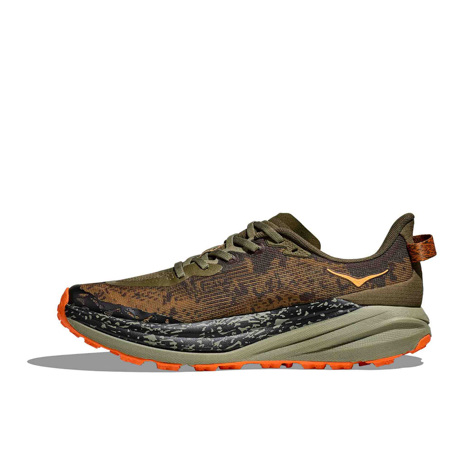 Medial side of the right shoe from a pair of HOKA Men's Speedgoat 6 Running Shoes in the Antique Olive/Squash colourway (8399941075106)