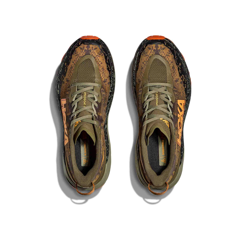 The uppers on a pair of HOKA Men's Speedgoat 6 Running Shoes in the Antique Olive/Squash colourway (8399941075106)