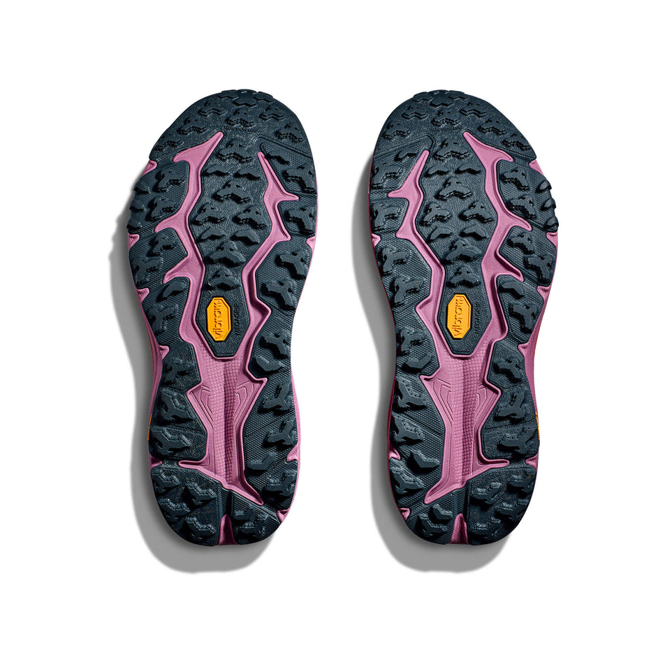 Outsoles on a pair of HOKA Men's Speedgoat 6 Running Shoes in the Sherbet/Beet Root colourway (8339251593378)