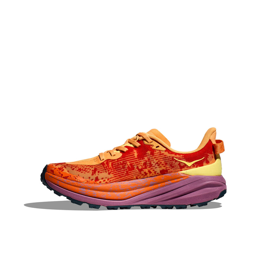Medial side of the right shoe from a pair of HOKA Men's Speedgoat 6 Running Shoes in the Sherbet/Beet Root colourway (8339251593378)