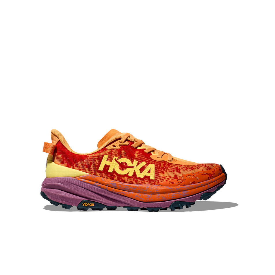 Lateral side of the right shoe from a pair of HOKA Men's Speedgoat 6 Running Shoes in the Sherbet/Beet Root colourway (8339251593378)