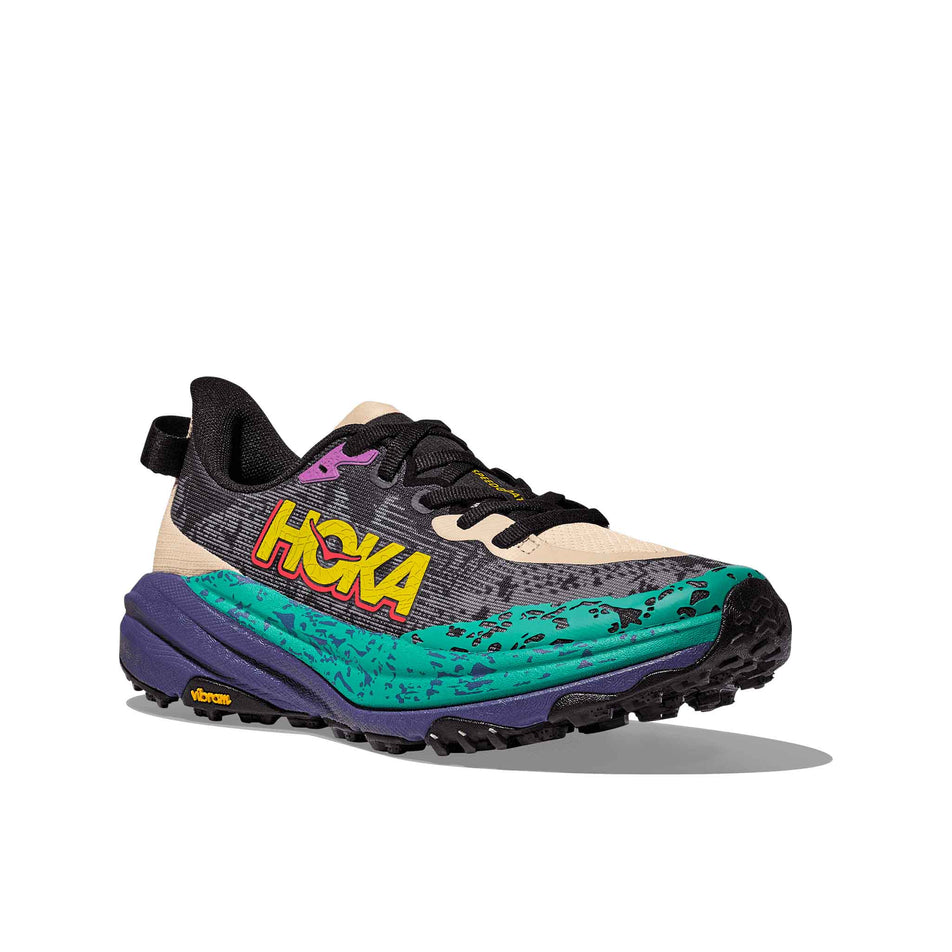 Lateral side of the right shoe from a pair of HOKA Women's Speedgoat 6 Running Shoes in the Oatmeal/Mountain Iris colourway. (8561697128610)