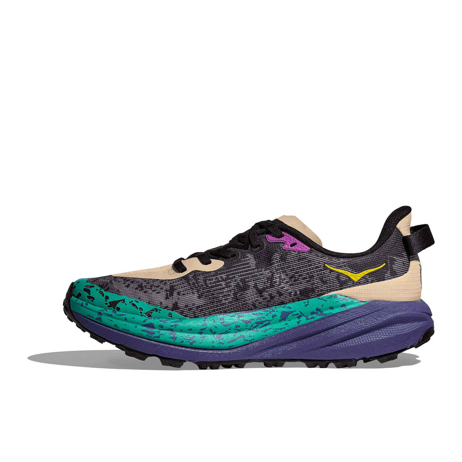 Medial side of the right shoe from a pair of HOKA Women's Speedgoat 6 Running Shoes in the Oatmeal/Mountain Iris colourway.  (8561697128610)