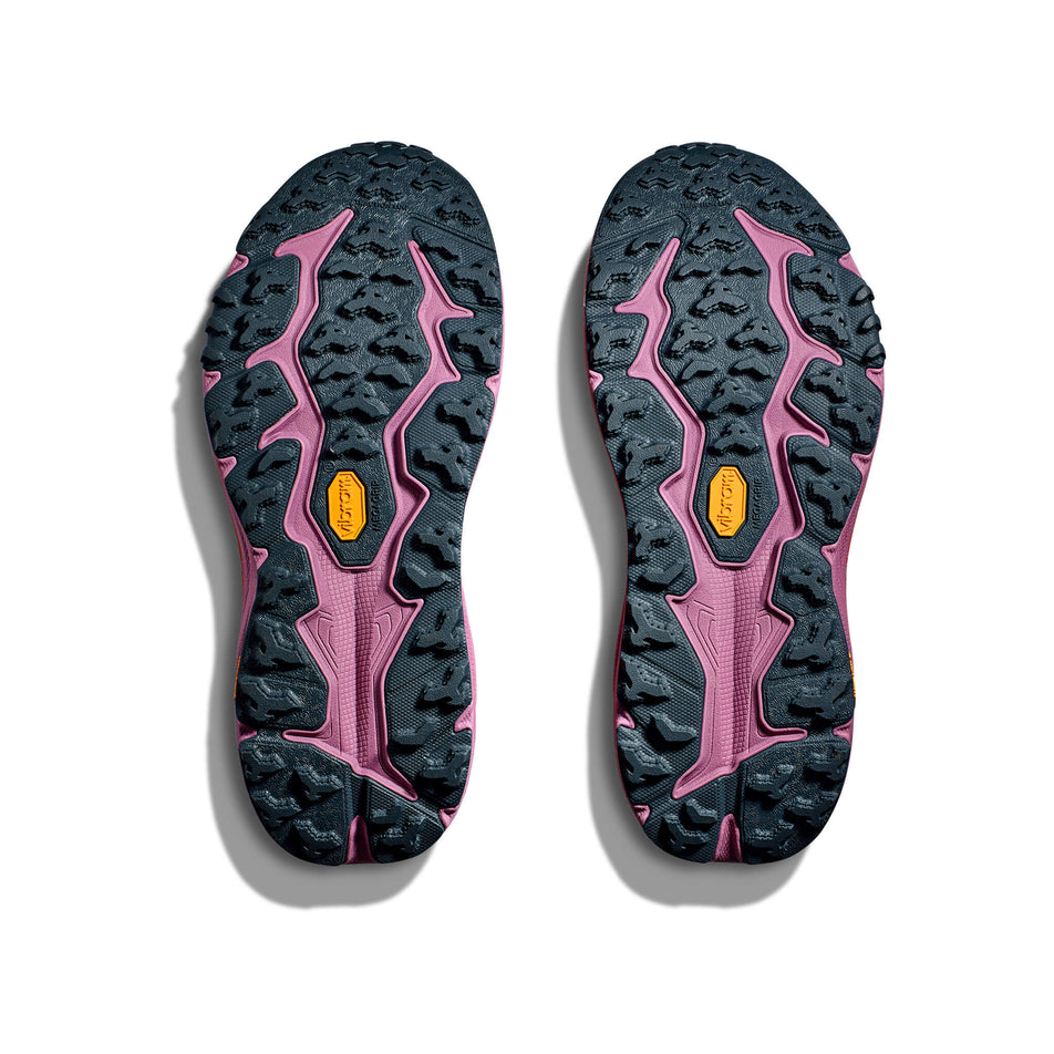 The outsoles on a pair of HOKA Women's Speedgoat 6 Running Shoes in the Sherbet/Beet Root colourway (8339260539042)