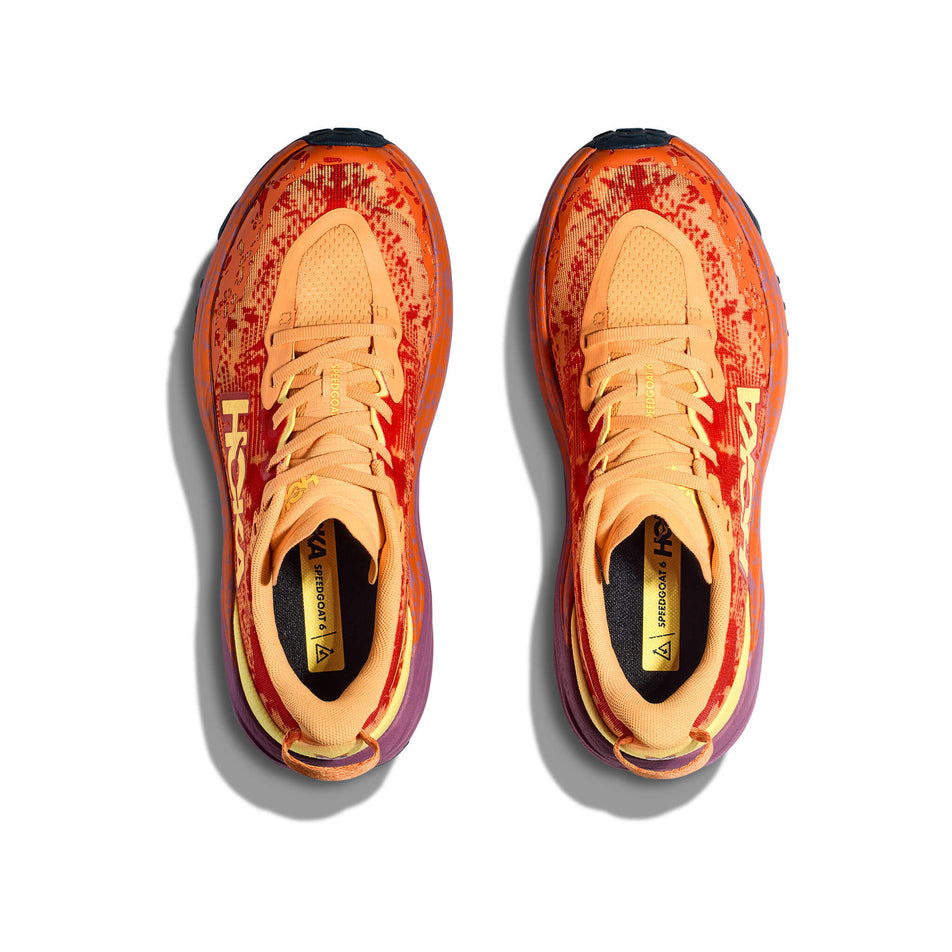 The uppers on a pair of HOKA Women's Speedgoat 6 Running Shoes in the Sherbet/Beet Root colourway (8339260539042)