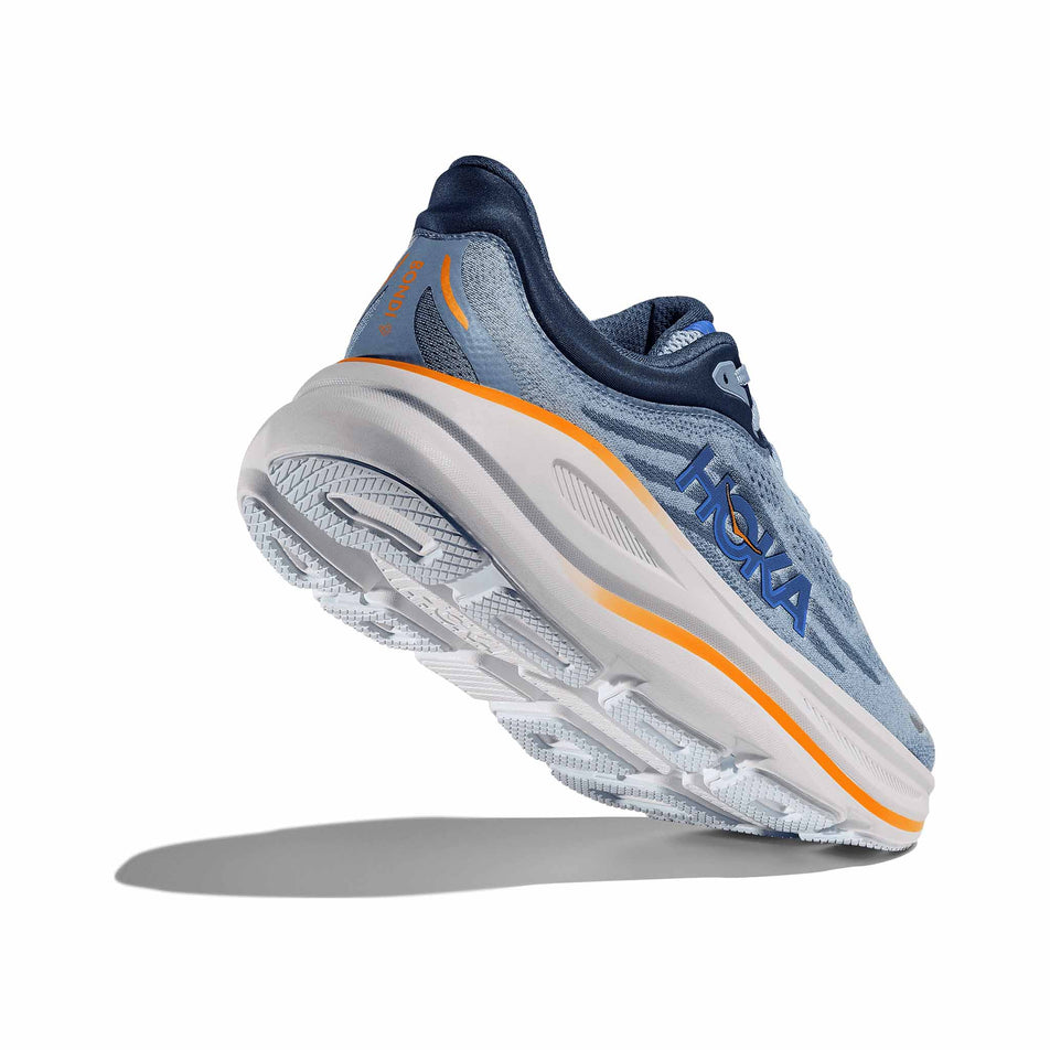 The lateral side - and outsole - of the right shoe from of a pair of HOKA Men's Bondi 9 Running Shoes in the Drizzle/Downpour colourway.  (8569184256162)