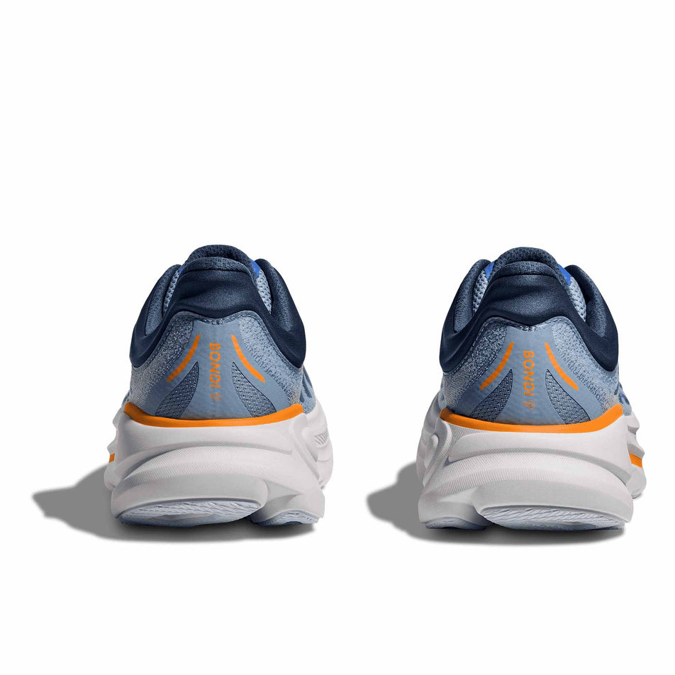 The back of a pair of HOKA Men's Bondi 9 Running Shoes in the Drizzle/Downpour colourway.  (8569184256162)