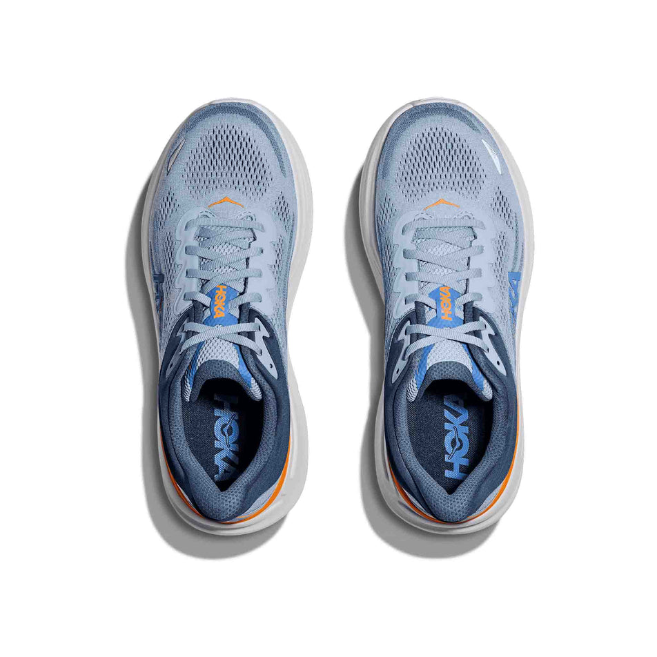 The uppers on a pair of HOKA Men's Bondi 9 Running Shoes in the Drizzle/Downpour colourway. (8569184256162)