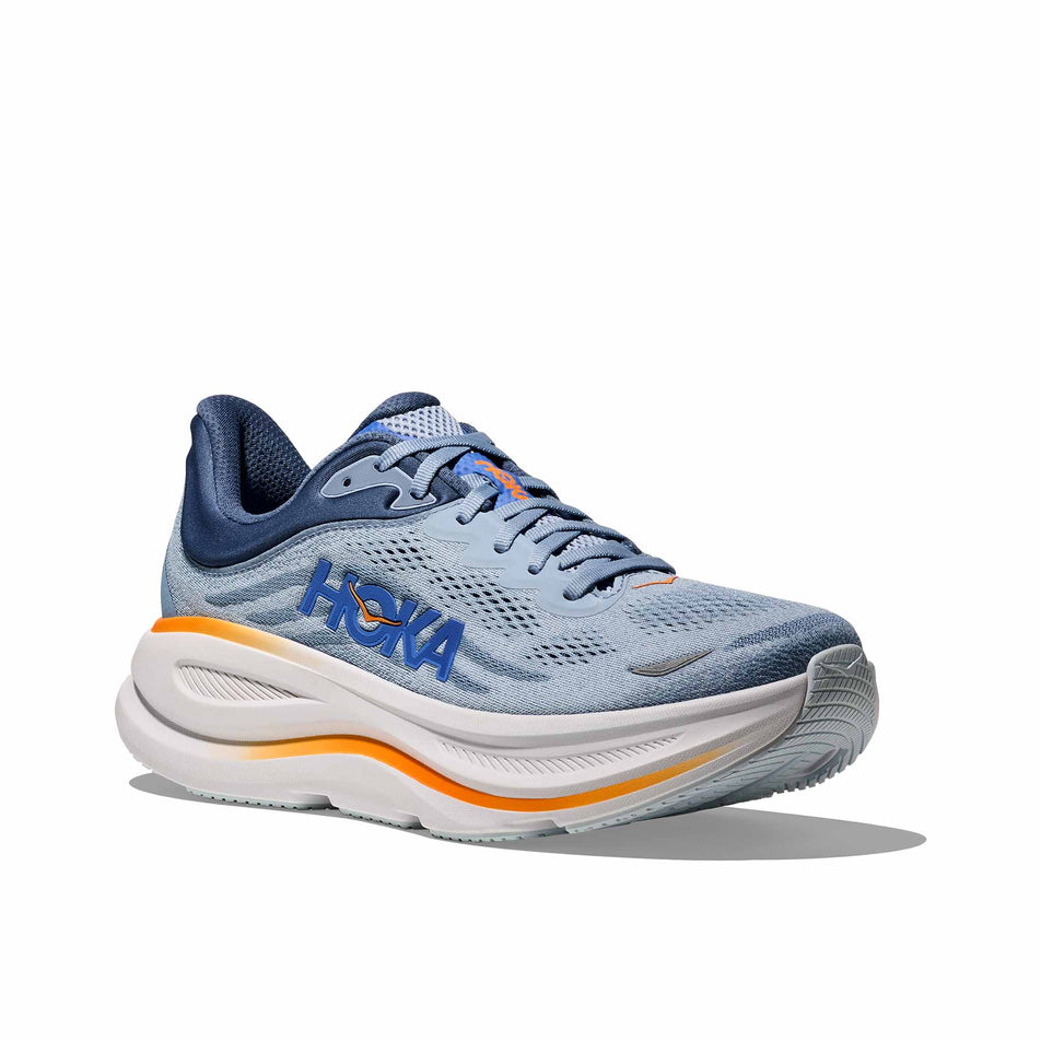 The lateral side of the right shoe from of a pair of HOKA Men's Bondi 9 Running Shoes in the Drizzle/Downpour colourway.  (8569184256162)