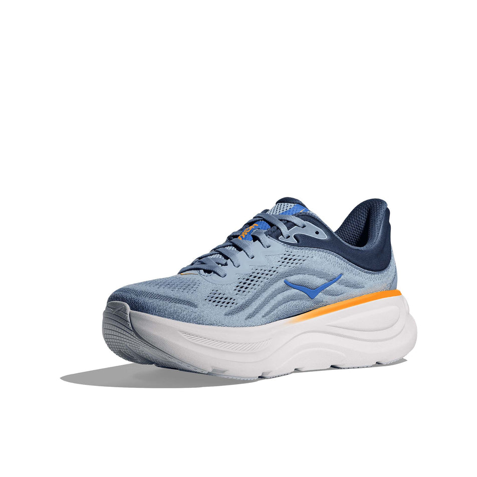 The medial side of the right shoe from of a pair of HOKA Men's Bondi 9 Running Shoes in the Drizzle/Downpour colourway. (8569184256162)