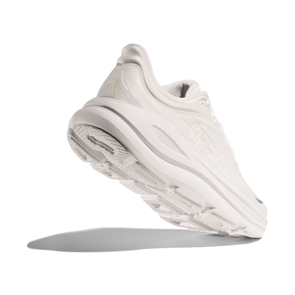 Lateral side - and outsole - of the right shoe from a pair of HOKA Men's Bondi 9 Running Shoes in the White/White colourway. (8580377673890)