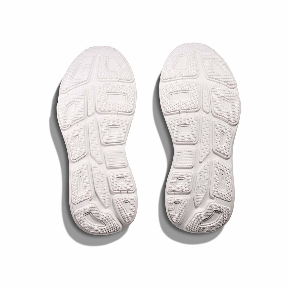 The outsoles on a pair of HOKA Men's Bondi 9 Running Shoes in the White/White colourway. (8580377673890)