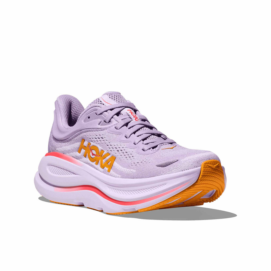 Lateral side of the right shoe from a pair of HOKA Women's Bondi 9 Running Shoes in the Aster Flower/Starlight Glow colourway. (8569210536098)